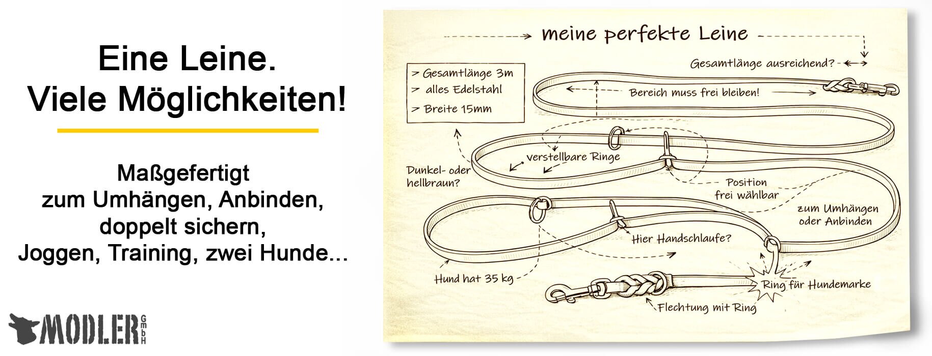 Maßgefertigte Lederleine mit Ringen und zwei Karabinern
