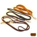 Drei verstellbare Modler Multifunktionsleinen aus geflochtenem Fettleder in dunkelbraun, hellbraun und schwarz in verschiedenen Breiten und mit unterschiedlichen Beschlägen