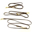 Drei verstellbare Modler Multifunktionsleinen aus dunkelbraunem, geflochtenen Fettleder mit Messingbeschlägen und den verschiedenen Einstellmöglichkeiten