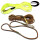 Drei Modler Coated Rope Leinen in verschiedenen Längen in neongelb und braun mit verschiedenen Bolzenhaken. Genuine Biothane USA Logo