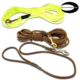 Drei Modler Coated Rope Leinen in verschiedenen Längen in neongelb und braun mit verschiedenen Bolzenhaken. Genuine Biothane USA Logo