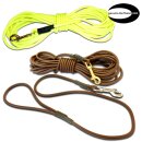 Drei Modler Coated Rope Leinen in verschiedenen Längen in neongelb und braun mit verschiedenen Bolzenhaken. Genuine Biothane USA Logo