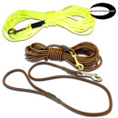 Drei Modler Coated Rope Leinen in verschiedenen Längen in neongelb und braun mit verschiedenen Bolzenhaken. Genuine Biothane USA Logo