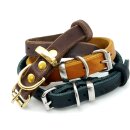 Mehrere Halsbänder aus Fettleder in verschiedenen Breiten und Farben. Fettlederhalsband mit Messingschnalle oder Schnalle aus Edelstahl. Das Fettleder ist braun, hellbraun und schwarz.