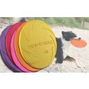 Im Vordergrund fünf Dog Disc / Frisbees aus Natur-Kautschuk in rot, orange, gelb, lila, pink. Im Hintergrund ein Hund, der eine Dog Disc / Frisbee apportiert