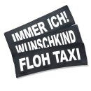 Drei  schwarze Julius K9 Klettlogos mit den Aufschriften Floh Taxi, Immer ich und Der tut nix