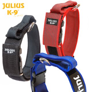 Drei Julius K9 Halsbänder mit Gurtgriff und Klettfäche in schwarz, blau und rot