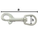 Ein Bolzenhaken / Karabiner aus Edelstahl mit Beschriftung zu den Abmessungen